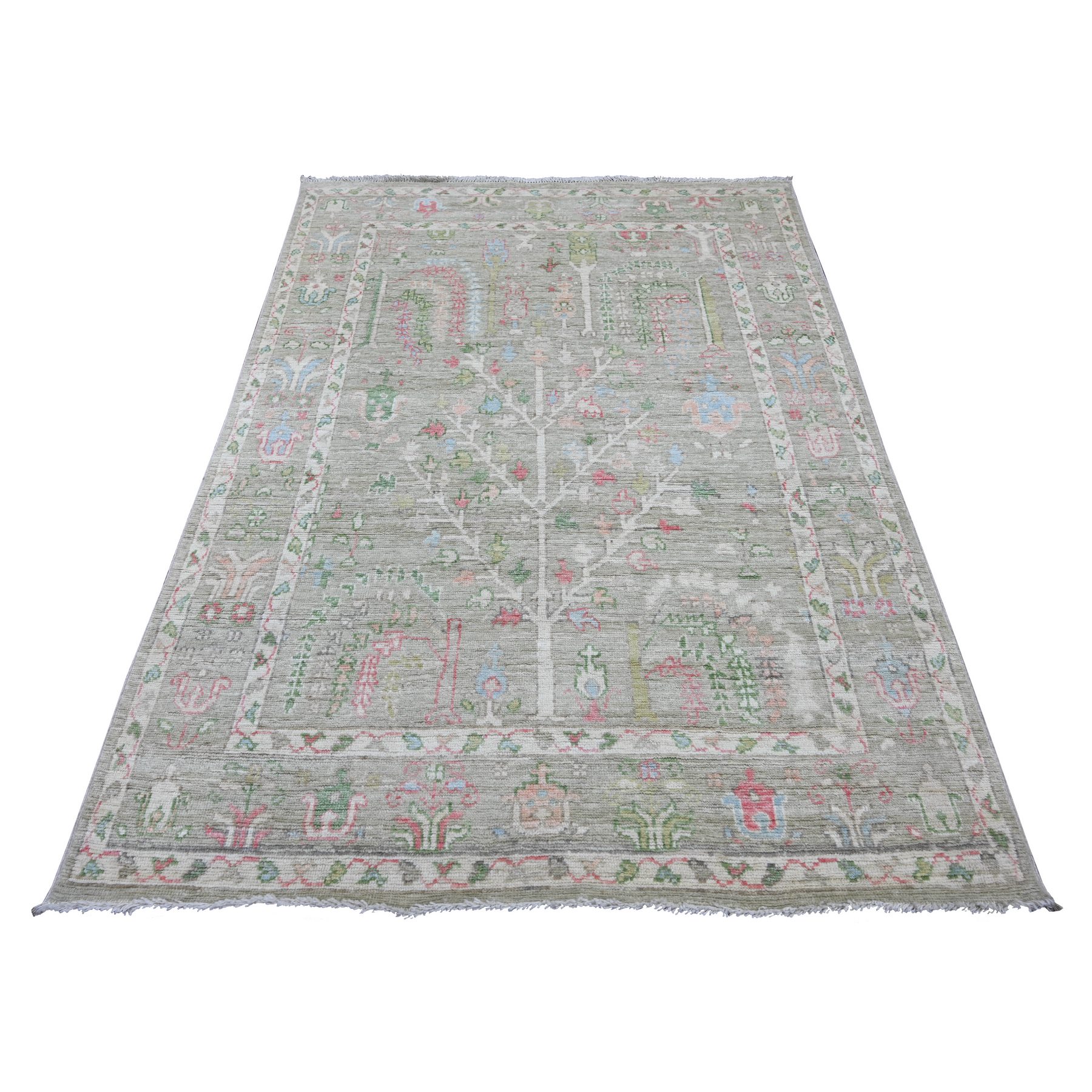 5'x7'1" Sage Green, Hand Knotted, Afghan Angora Oushak with Willow and Cypress Tree Design, 100% Wool, Vegetable Dyes, Oriental Rug 